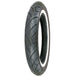 The Shinko SR 777 Tire, a 100/90-19 front tire by Shinko, showcases a classic tread and bold whitewall stripe, standing upright against a white background.