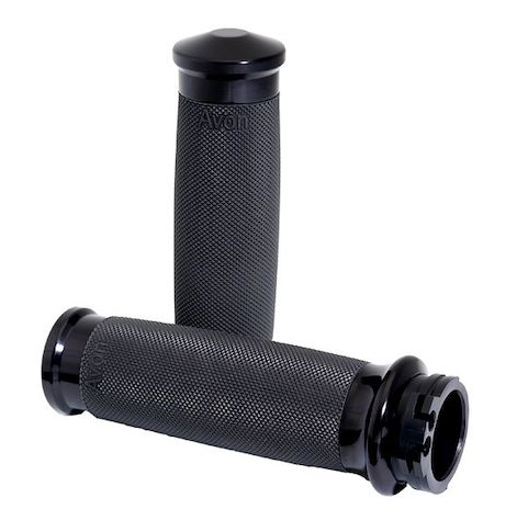 A pair of black Avon Grips motorcycle grips on a white background.