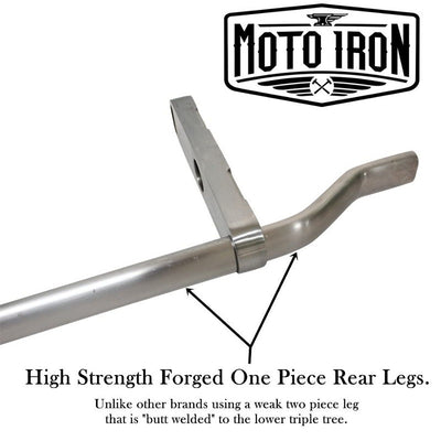 Moto Iron® Springer Front End Stock Length Chrome fits Harley Davidson high strength forged one piece rear leg made of chrome stock length.