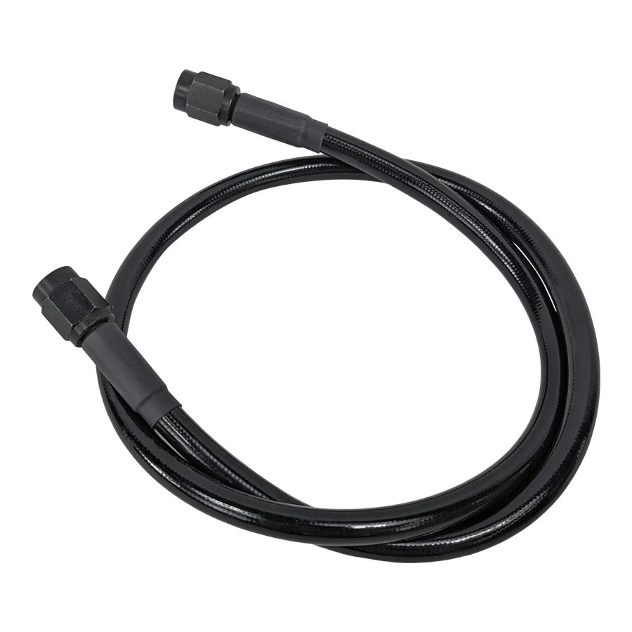 A black hydraulic hose with a PTFE liner and Goodridge Universal Stainless Steel Braided Motorcycle Brake Line - Black - 38".