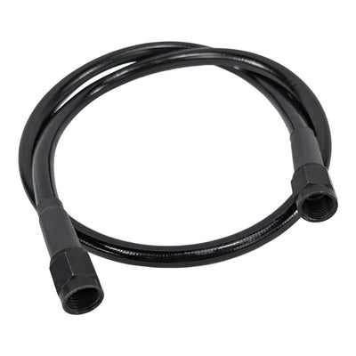 A Goodridge Universal Stainless Steel Braided Motorcycle Brake Line - Black - 16" with two connectors on it.