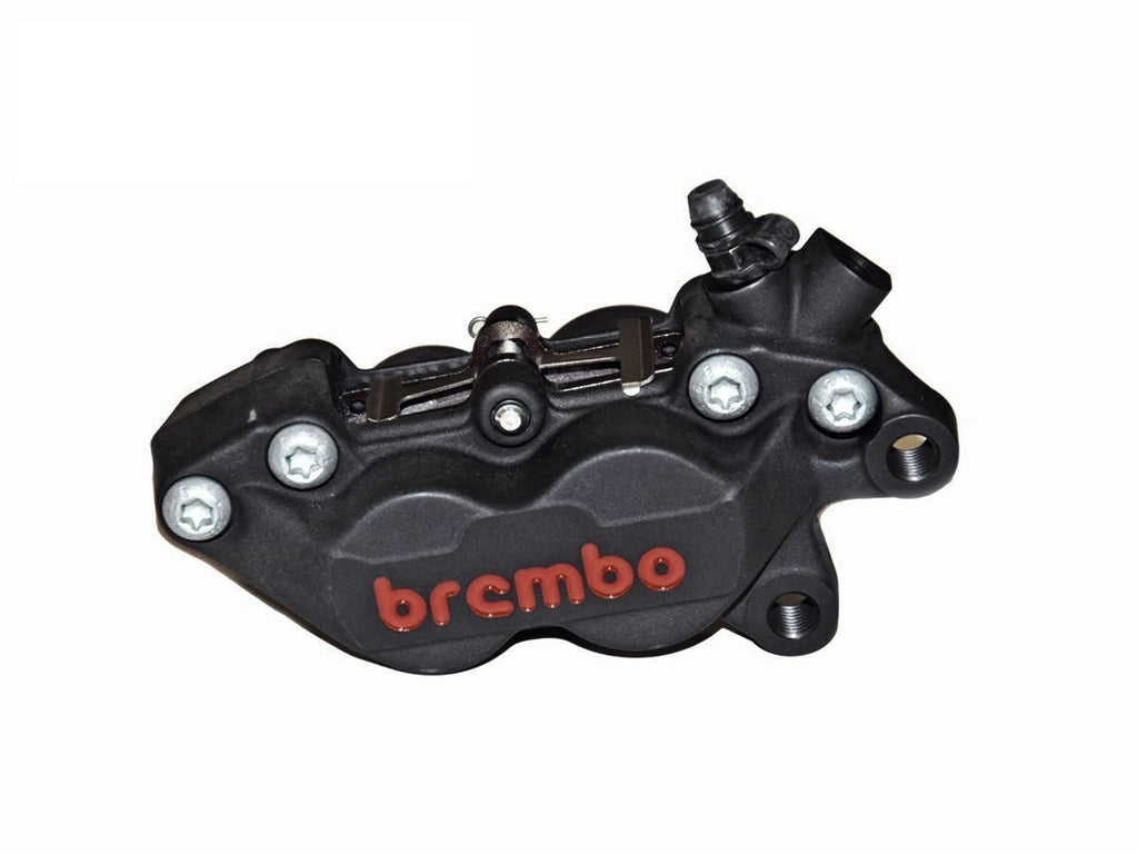 A Brembo P4 Axial Brake Caliper Right Side Black 4 Piston (red lettering), suitable for Harley applications.