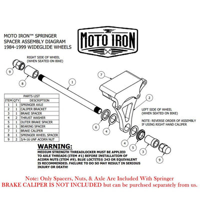 A diagram showing the parts for the Moto Iron motorcycle, including the Moto Iron® Springer Front End -2" Under Chrome fits Harley Davidson and chrome components.