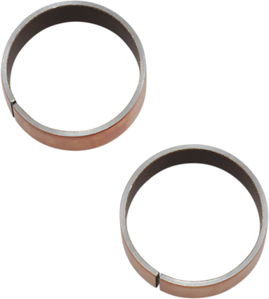 A pair of copper-colored circular metal rings with a small gap, identified as 39mm Fork Tube Bushings .588" wide OEM