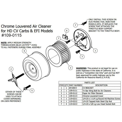 A diagram showing the parts of a TC Bros. Chrome Louvered Air Cleaner for HD CV Carbs & EFI.