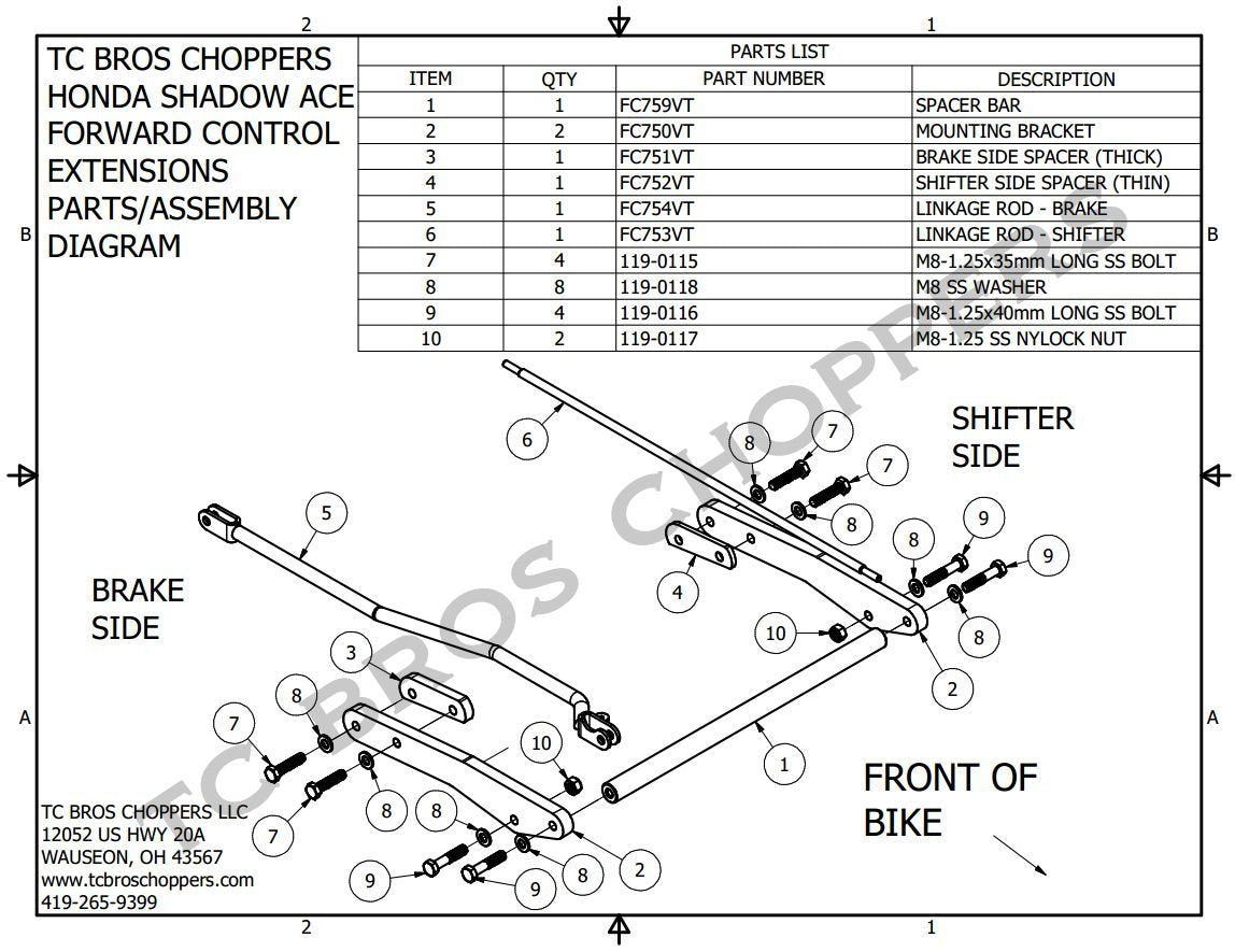 The wiring diagram for a Honda motorcycle, specifically the Honda 750 Shadow ACE models, incorporates a TC Bros. Honda Shadow ACE 750 Forward Controls Extension Kit 1998-2003 VT750 and showcases TC Bros. USA manufacturing.