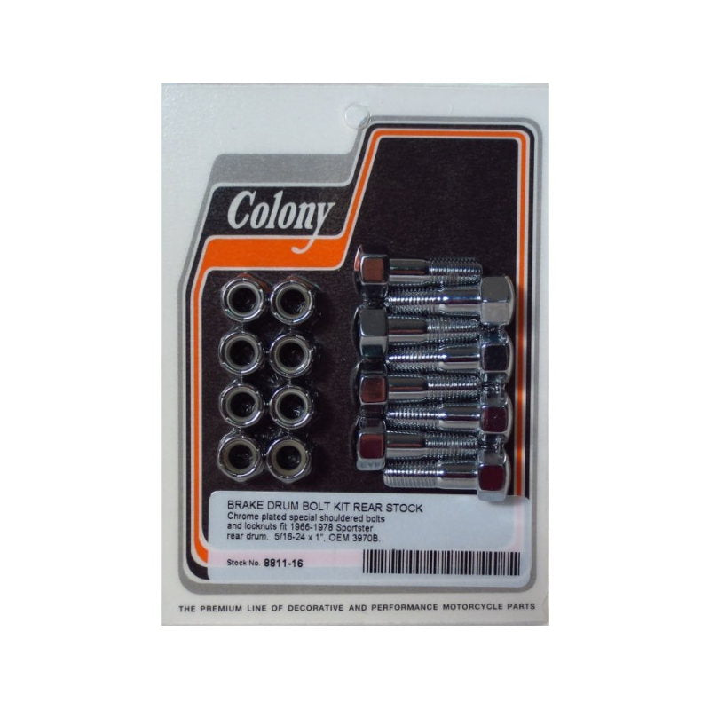 A set of Colony Machine #8811-16 Chrome Rear Brake Drum Bolts Harley Ironhead Sportster XL 1952-1978 OEM 3970B 772 in a package.
