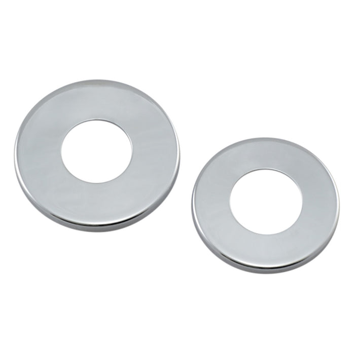 Two metallic, circular washer-like objects with a reflective surface, similar to the Upper and Lower Fork Stem Dust Shield Covers for Harley Davidson by Moto Iron®, are positioned on a white background. One is larger than the other, reminiscent of the Timken style steering stem bearings often used in Big Twin and Sportster models.