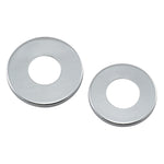 Two metallic, circular washer-like objects with a reflective surface, similar to the Upper and Lower Fork Stem Dust Shield Covers for Harley Davidson by Moto Iron®, are positioned on a white background. One is larger than the other, reminiscent of the Timken style steering stem bearings often used in Big Twin and Sportster models.