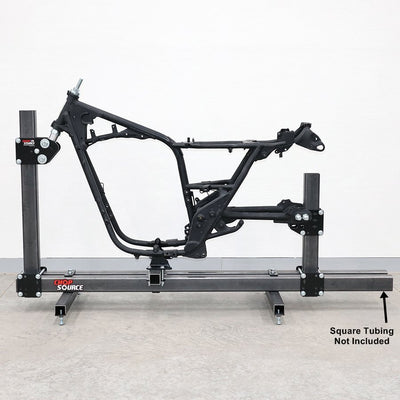 An image of a motorcycle frame on a DIY Motorcycle Frame Jig Kit By Chop Source stand.