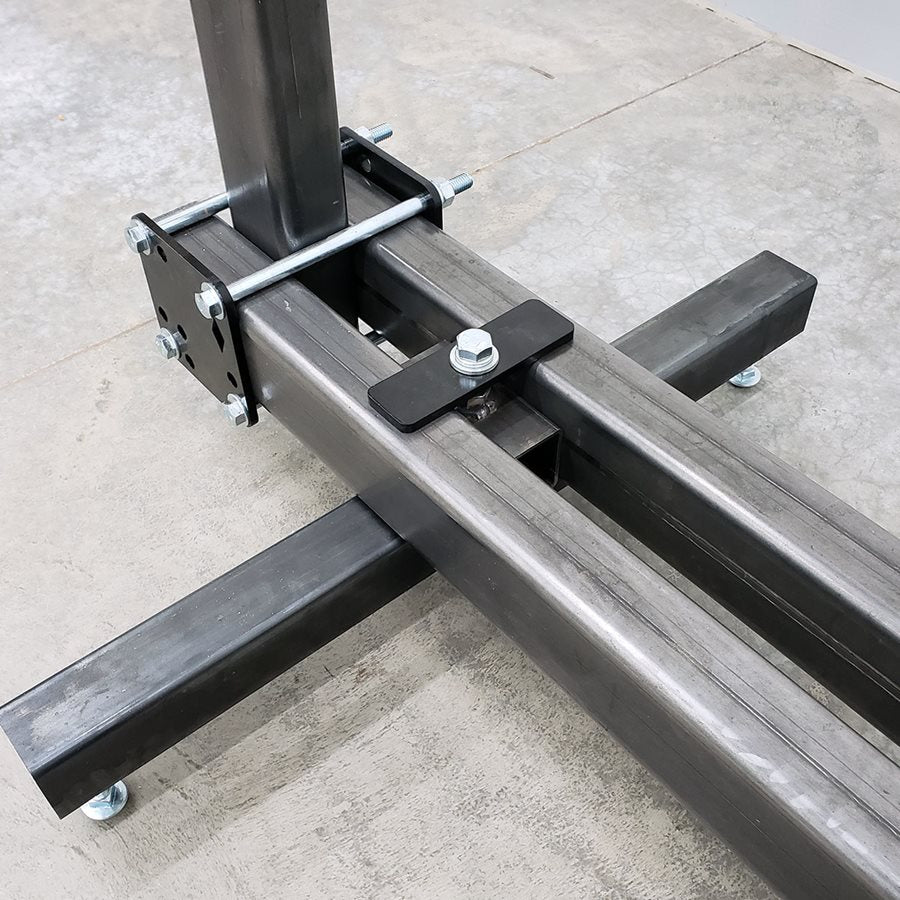 A metal frame with a bolt attached to it, known as the DIY Motorcycle Frame Jig Kit By Chop Source.