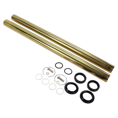 A set of TC Bros. Gold Titanium Nitride Coated Fork Tubes Stock Length 39mm for Sportster/ Dyna Narrow Glide on a white background.