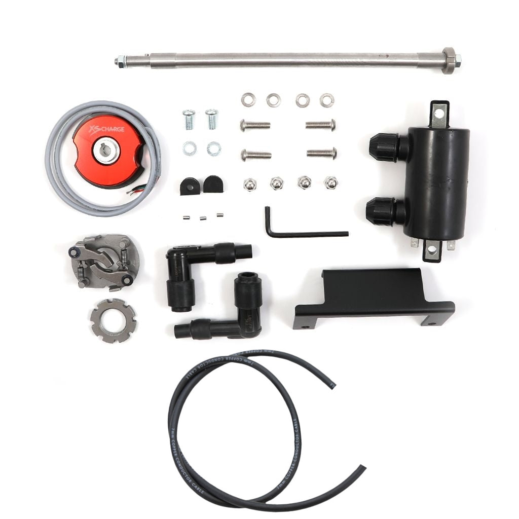A XS-Charge Yamaha XS650 Complete Ignition Kit & Advance Assembly with hoses and an electronic trigger system.