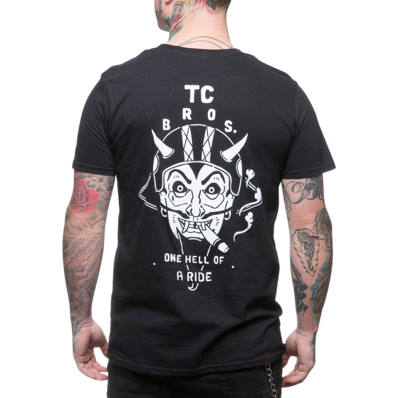 The back of a man wearing a TC Bros. Devil T-Shirt - Black.