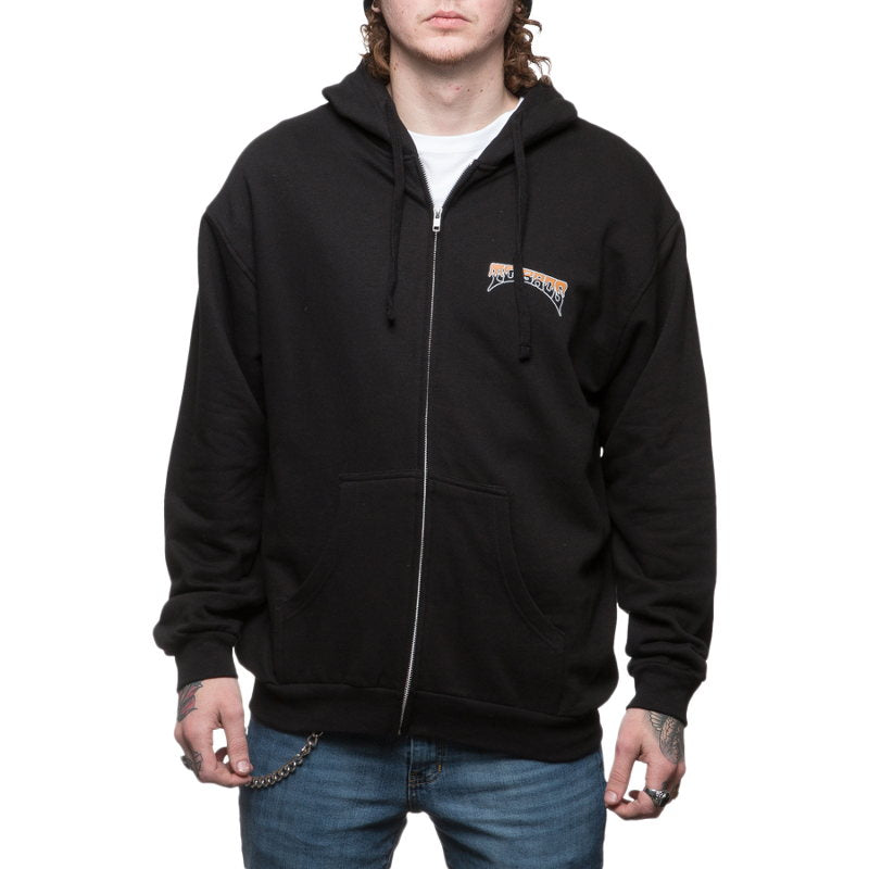 A TC Bros. drifter wearing a black zip up hoodie.