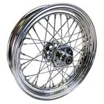 A Mid-USA Chrome Rear 40 Spoke Wheel 16"x3" (fits Harley Ironhead Sportster XL 1955-1978), on a white background.