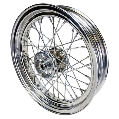 A Mid-USA chrome rear 40 spoke wheel 16"x3", designed to OEM specs for a Harley Ironhead Sportster XL from 1955-1978, on a white background.