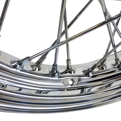 A close up image of a Mid-USA Chrome Rear 40 Spoke Wheel 16"x3" (fits Harley Ironhead Sportster XL 1955-1978) on a white background.