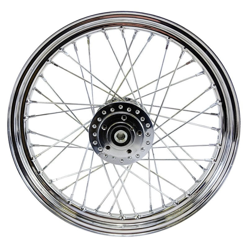 A Mid-USA Chrome Front 40 Spoke Wheel 19"x2.5" (fits Harley Ironhead Sportster XL 1978-1983) on a white background.