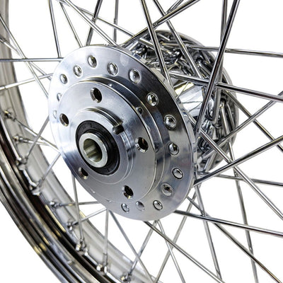 A close up of a Mid-USA Harley Ironhead Sportster motorcycle wheel with Chrome Front 40 Spoke Wheel 19"x2.5" (fits Harley Ironhead Sportster XL 1978-1983) and chrome front wheel.
