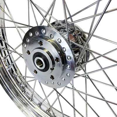 A close up of a Mid-USA Chrome Front 40 Spoke Wheel 19"x2.5" (fits Harley Ironhead Sportster XL 1978-1983) motorcycle wheel with a chrome front wheel and 40 spokes.