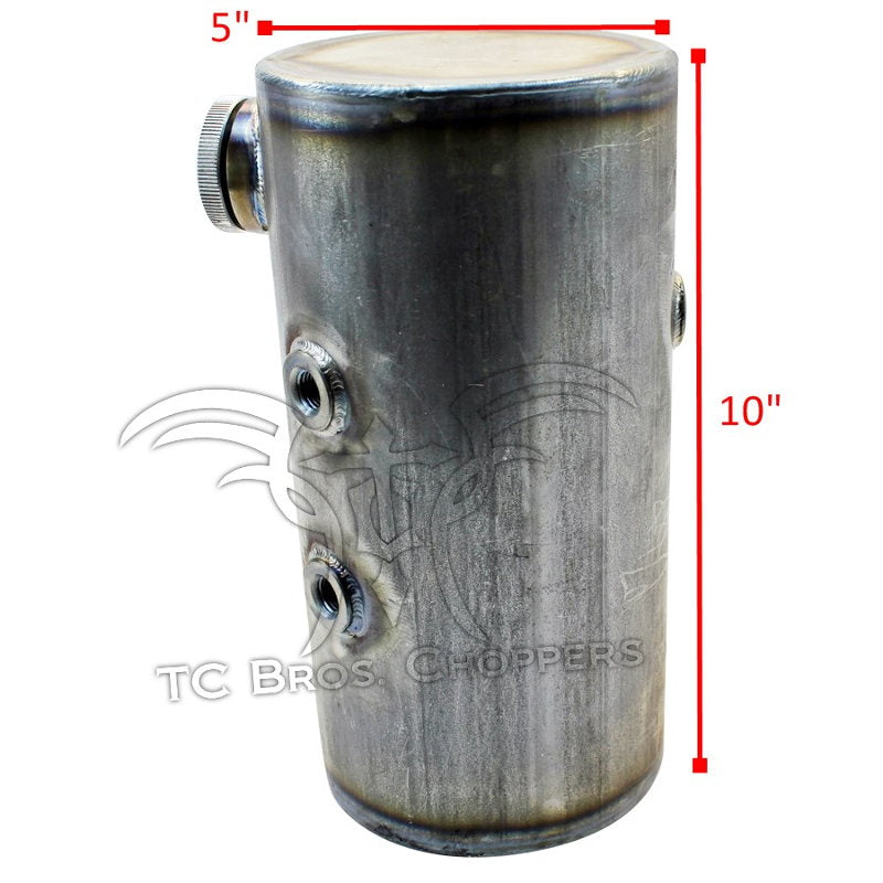 A TC Bros. metal cylinder with a red line that is a universal fit and made in the USA, named TC Bros 5 inch Round Chopper Oil Tank Flat Ends Universal Fit.