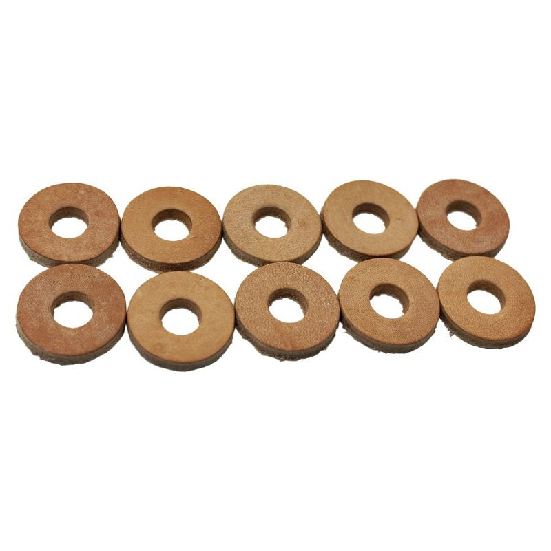 A set of TC Bros. Leather Cushion Washers with 3/8 inch Hole 10 pack, ideal for cushioning and paint protection, on a white background.