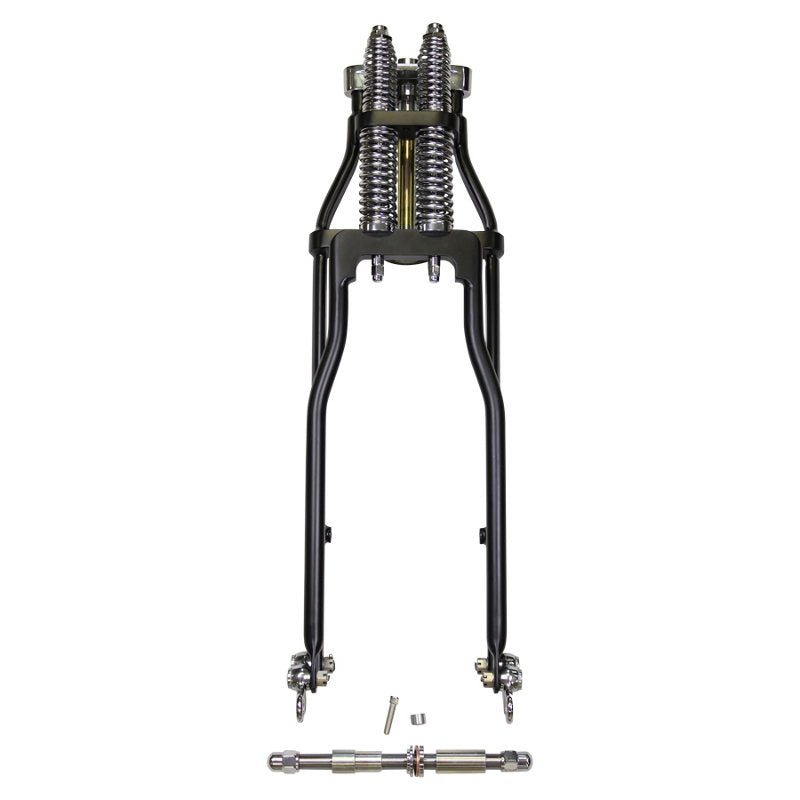An image of a Moto Iron® Wishbone Springer Front End front suspension for a Harley Davidson Dyna 91-17 & Sportster 04-Up (-3" Under, Black) motorcycle.