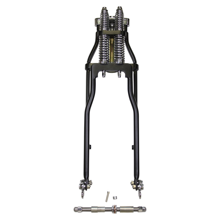 An image of a Moto Iron® Wishbone Springer Front End +2" Length Black fits Dyna 1991-17 & Sportster 04-up front suspension for a motorcycle.