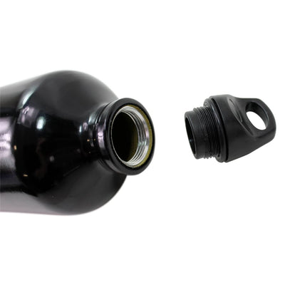 A black TC Bros. Reserve Fuel Bottle with a lid and a cap, perfect for use as an durable fuel reserve bottle.