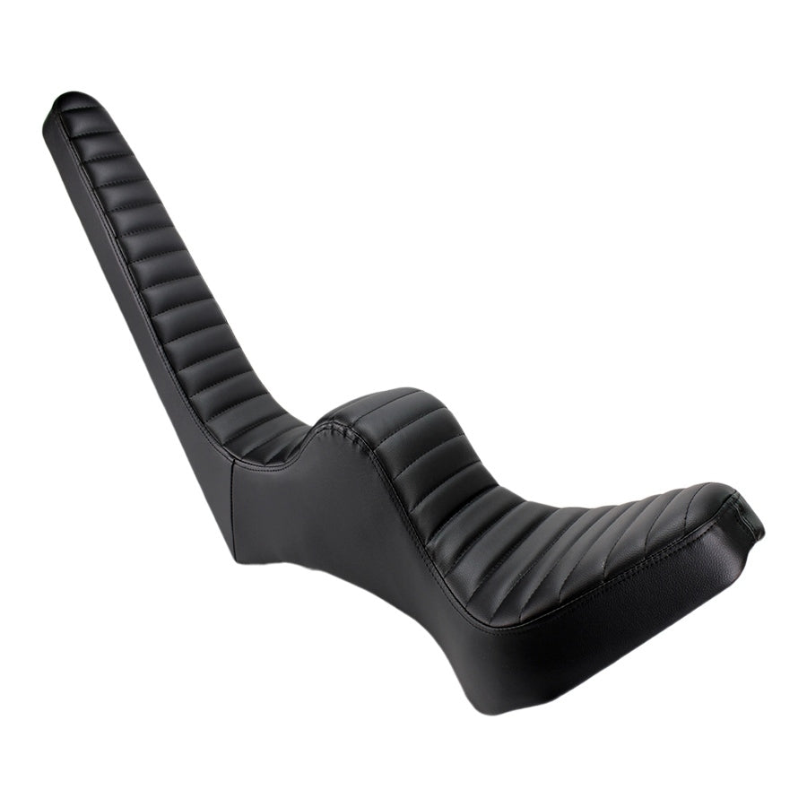 A handmade TC Bros. King & Queen Hardtail Seat Black Pleated on a white background.