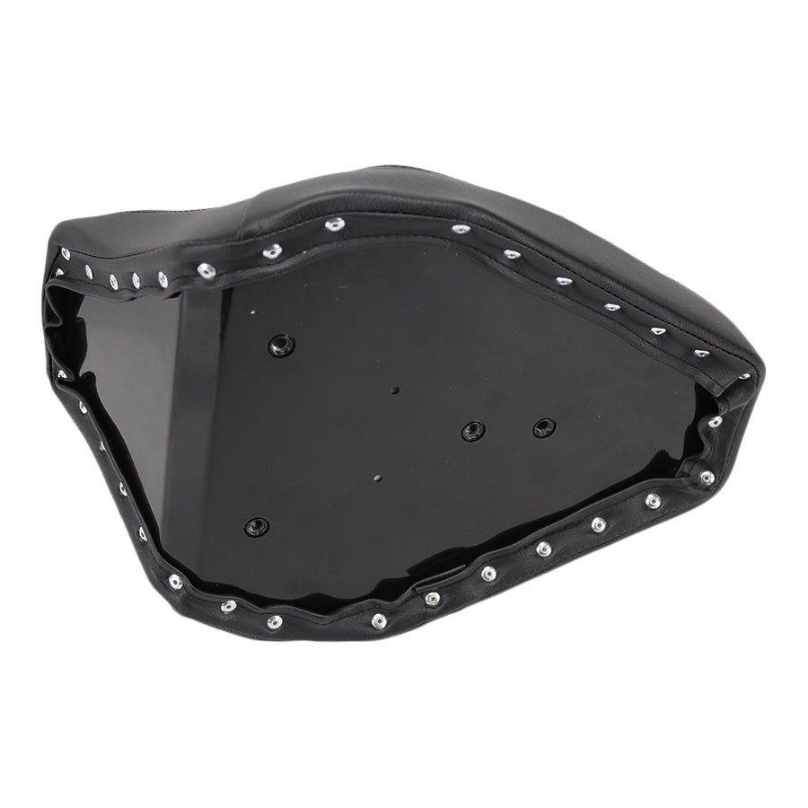 A TC Bros. Hardtail Rigid Mount Solo Seat Black Pleated with rivets on it.