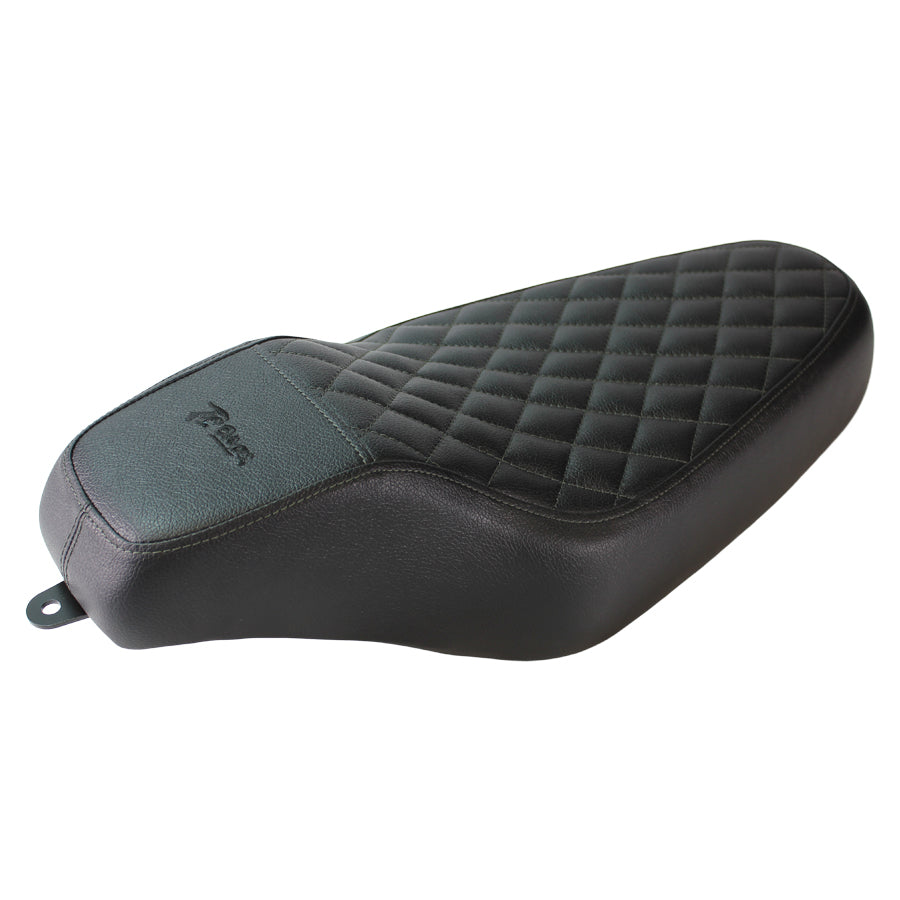 A TC Bros. Tracker Seat Diamond with black stitching and high density molded foam padding is available for Harley Davidson Sportster models.