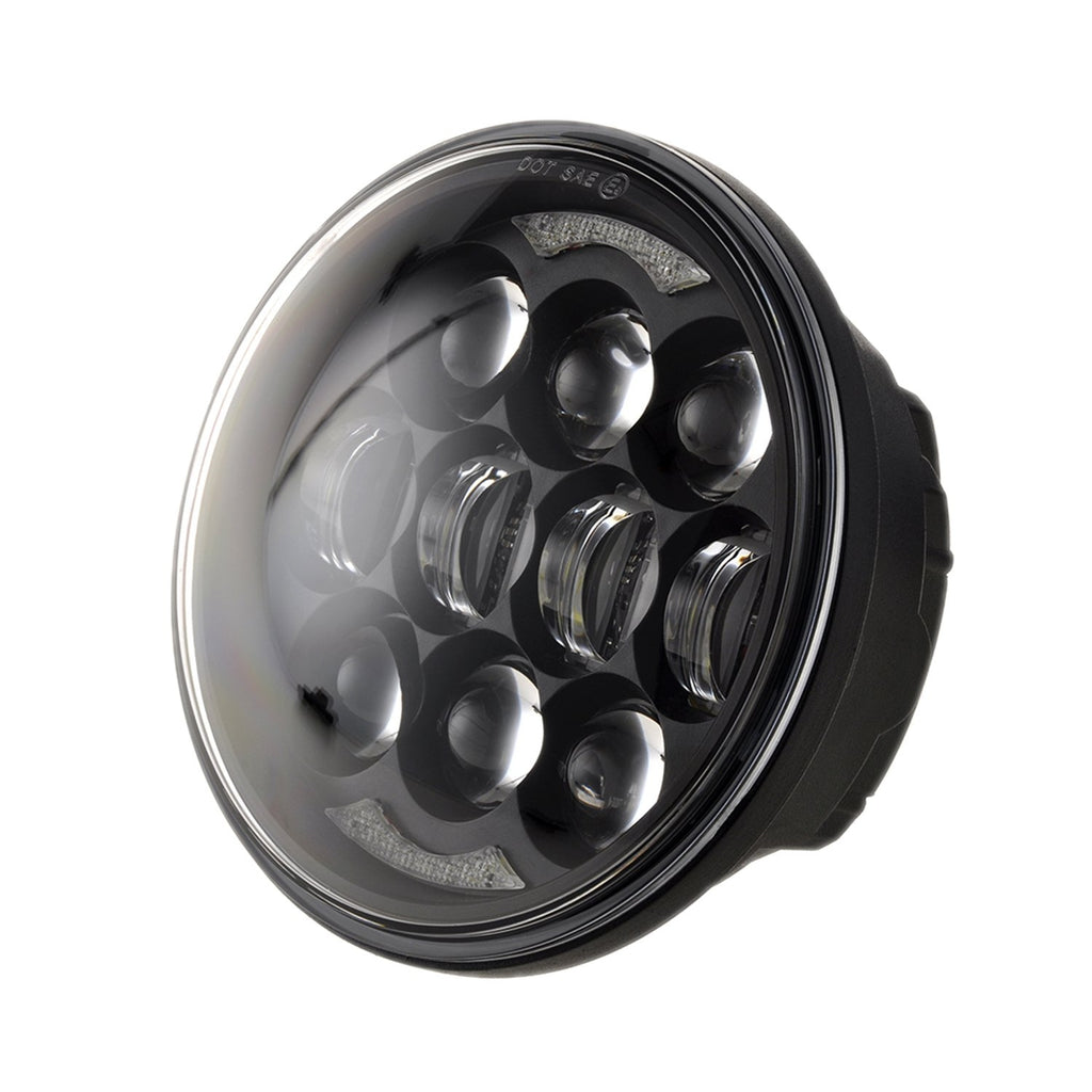 A black Moto Iron® 5-3/4" 80 watt LED Headlight Conversion Bulb on a white background with 5.75" diameter headlights.