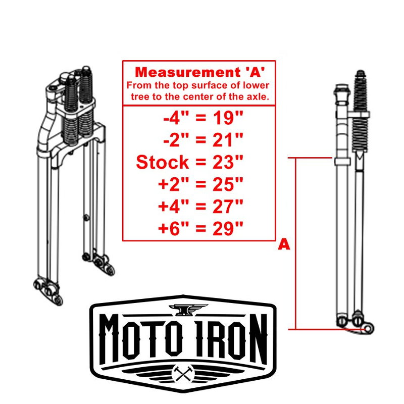 A diagram showing the measurements for the Moto Iron® Vintage Springer Front End -4" Under Chrome fits Harley Davidson bolt-on installation on a Harley Davidson moto iron.