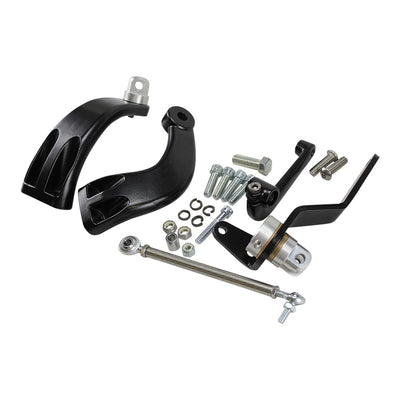 A set of TC Bros. Sportster Mid Controls Kit (NO PEGS) fits 2004-2013 black parts and hardware for a Harley Davidson Sportster motorcycle.