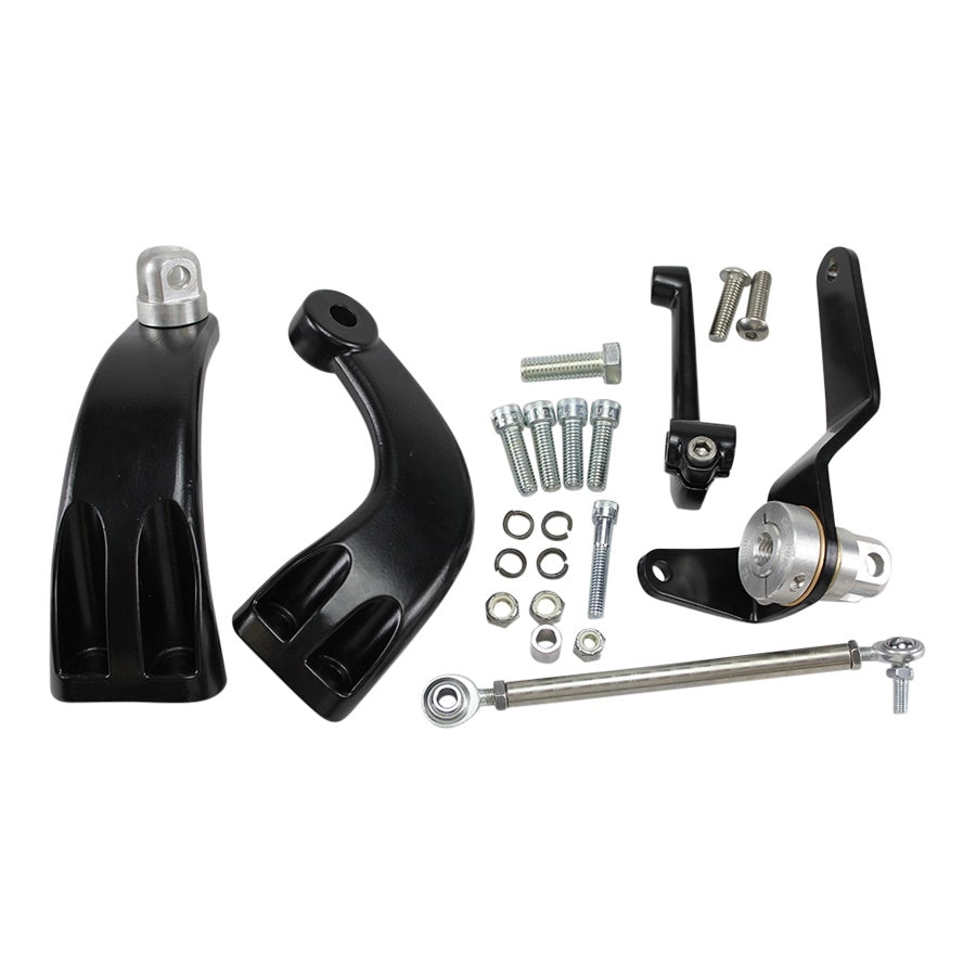 A black TC Bros. Sportster Mid Controls Kit (NO PEGS) with bolts and nuts, designed specifically for Harley Davidson Sportster motorcycles. This mid controls suspension kit is proudly USA Made.