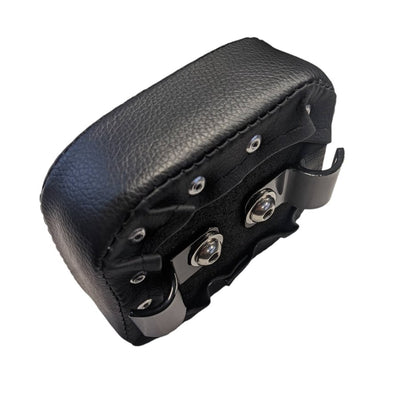 A TC Bros. black leather case with two screws on it, perfect for attaching to a TC Bros. Clamp On Sissy Bar Pad or clamp.