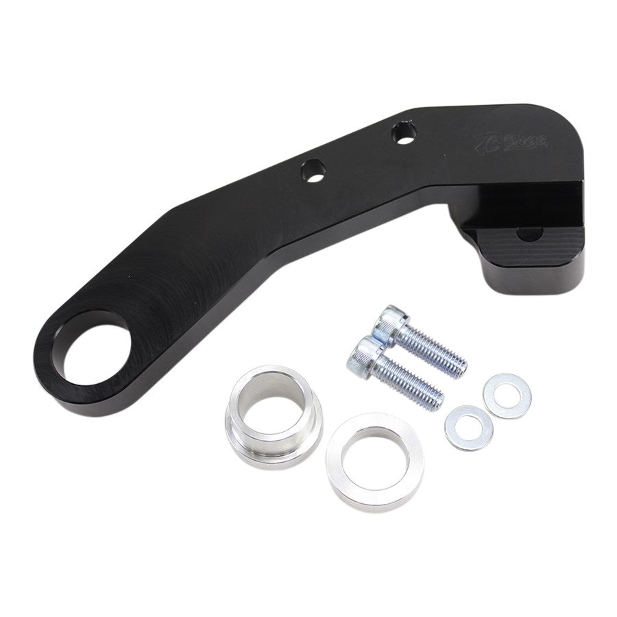 A black TC Bros. mounting bracket for TC Bros. 2006-2007 Harley Dyna Rear Axial Brembo Bracket 12.6in Rotor motorcycles with bolts and nuts.