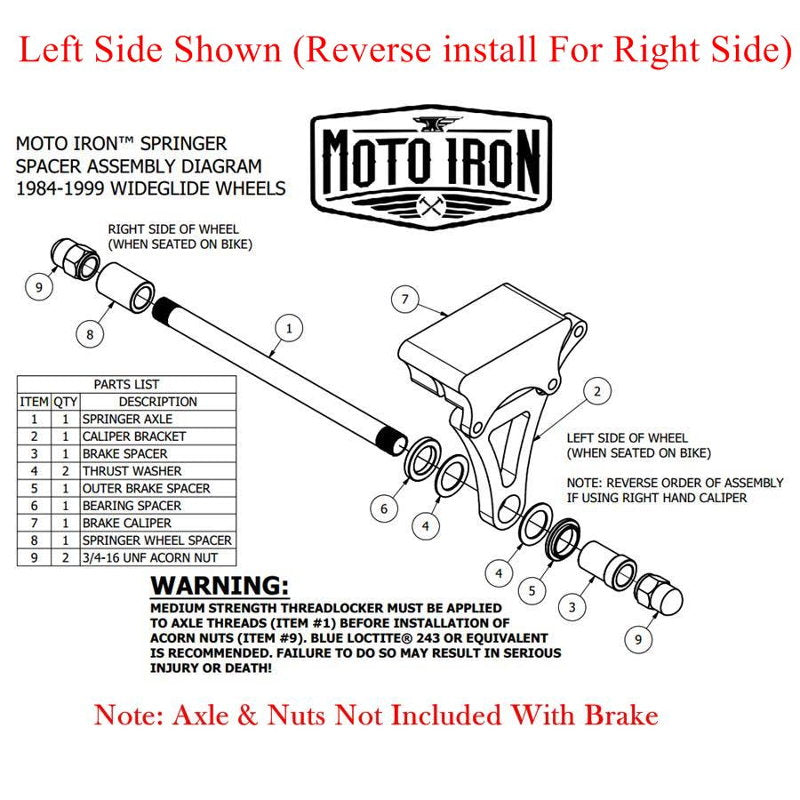 Left reverse installation for Moto Iron® Springer Front End Brake Caliper Kit Right Side Chrome.