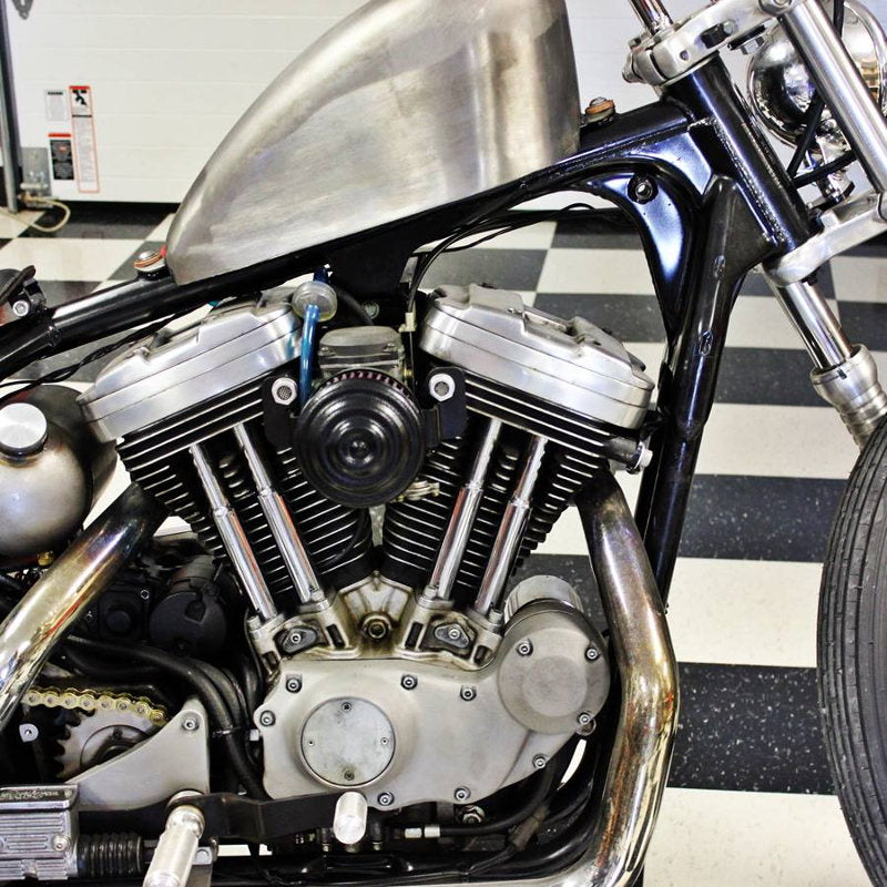 Harley-Davidson motorcycle featuring a black powdercoat finish and equipped with TC Bros. Ripple Black Air Cleaner HD CV Carbs & EFI, manufactured by TC Bros.