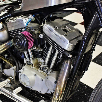 Harley-Davidson motorcycle with a TC Bros. Ripple Black Air Cleaner HD CV Carbs & EFI, featuring a black powdercoat finish.