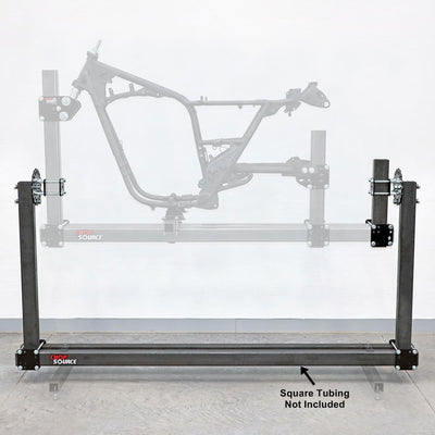 A picture of a motorcycle on a DIY Frame Jig Rotisserie Stand by Chop Source.