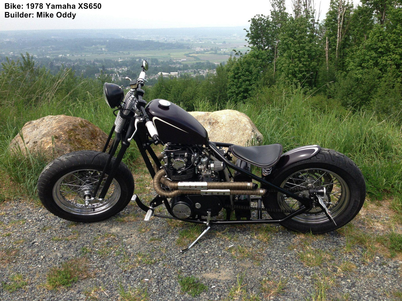 A motorcycle with a Moto Iron® 2.4 Gal. Sportster Gas Tank Fits 1995-03 parked on top of a hill.