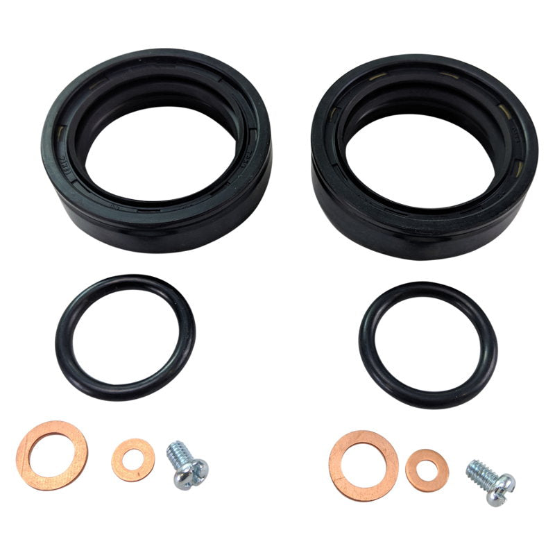 A pair of black seals, washers, and a Moto Iron® 35mm Fork Seal Kit Fits Ironhead Sportster ('75-early '84 models) on a white background.