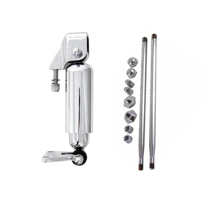 A Moto Iron™ chrome cylinder and two rods on a white background, featuring the Moto Iron® Springer Ride Control Front Shock Kit - Chrome and Springer front forks.