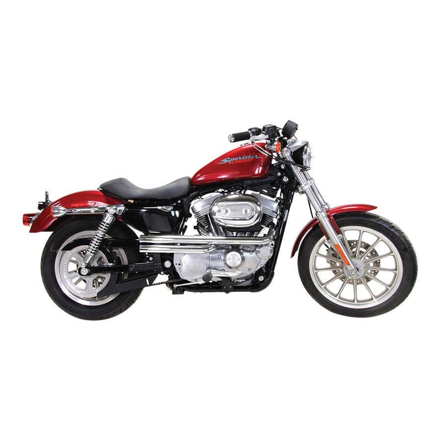 A red Wyatt Gatling motorcycle on a white background featuring chrome Wyatt Gatling Sportster Shotgun Exhaust Pipes - Fits 2004-2018 - Straight cut dual drag pipe set and 2004-2018 Sportsters.