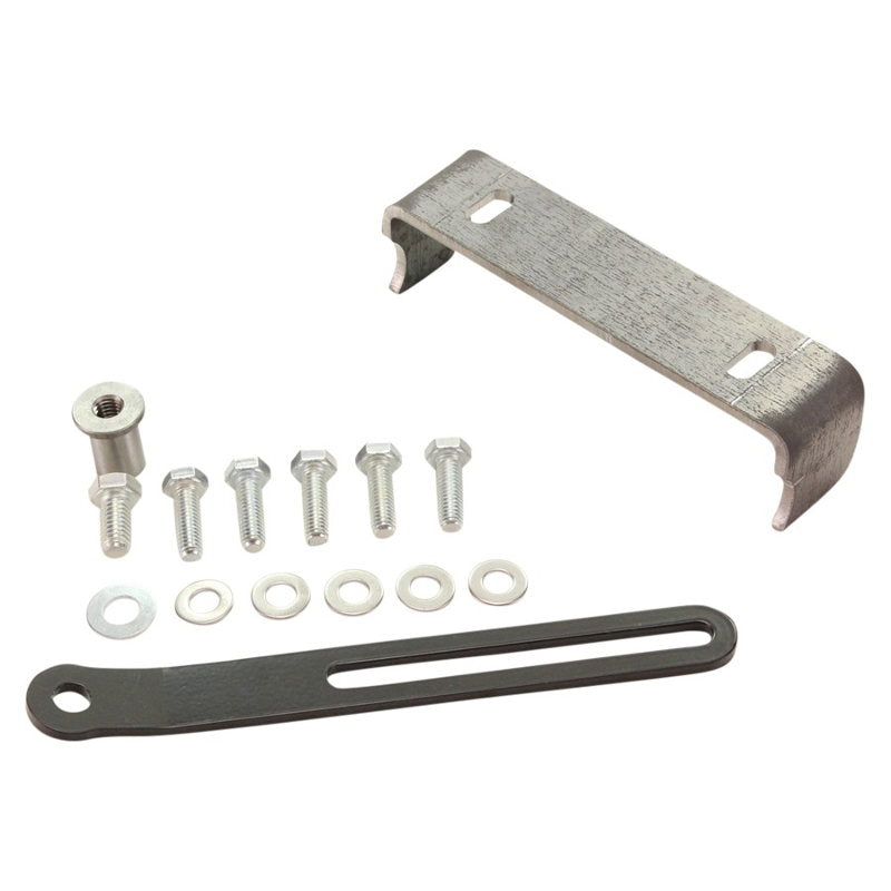The TC Bros. Rigid Seat Mount Kit includes five bolts, five washers, one nut, and a slotted metal stripāideal for customizing Sportster hardtails. All TC Bros. components are shown neatly organized on a white background.