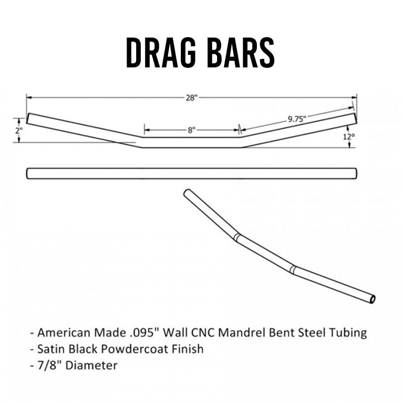 American made TC Bros. 7/8" Drag Bars - Black Powdercoat Finish, crafted with CWC mandrel steel tubing and featuring TC Bros. Choppers' distinctive American steel tubing construction.