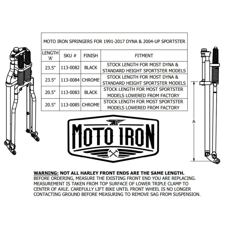 A diagram showing the dimensions of a Moto Iron® Wishbone Springer Front End for Harley Davidson Dyna 91-17 & Sportster 04-Up (Stock Length, Chrome) and Moto Iron® iron stand.